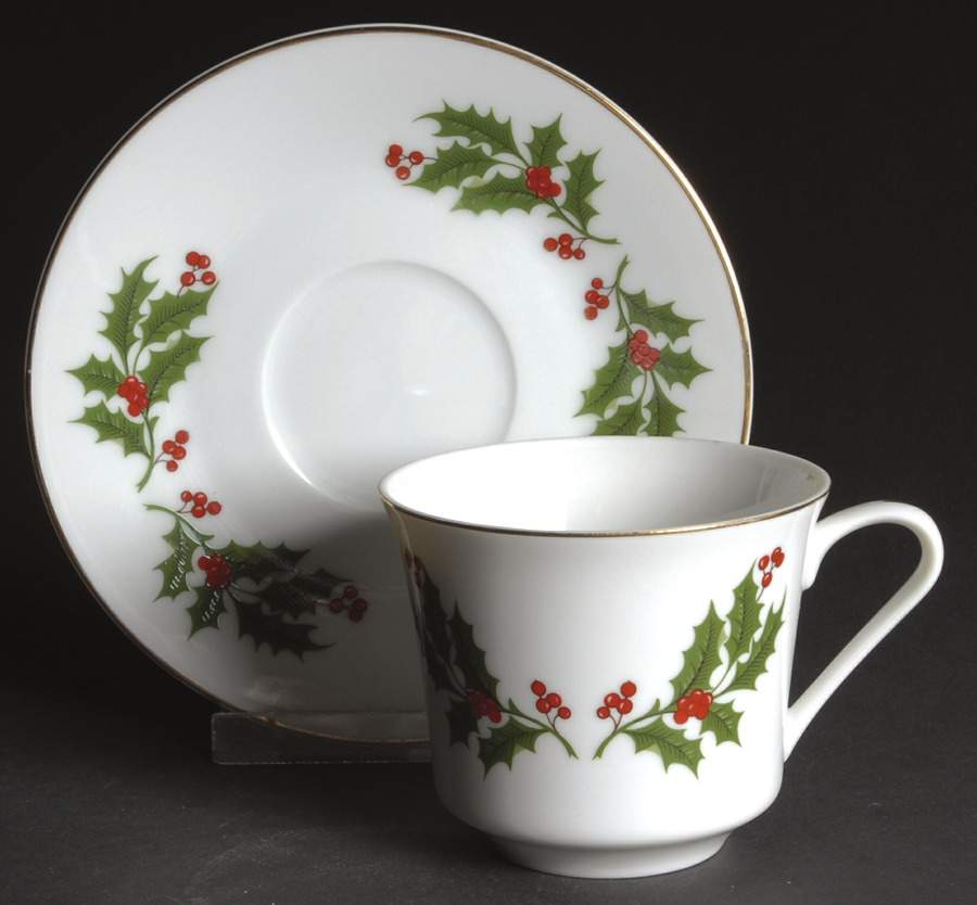 Christmas Holly (Porcelain) Flat Cup & Saucer Set by All the Trimmings-1