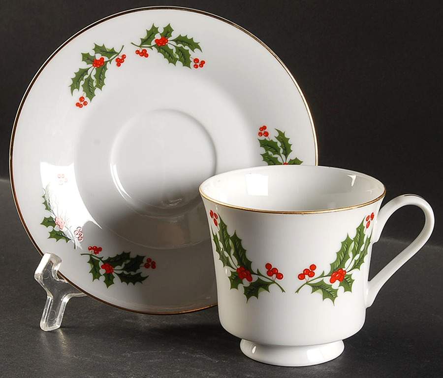 Christmas Holly (Porcelain) Footed Cup & Saucer Set by All the Trimmings-1