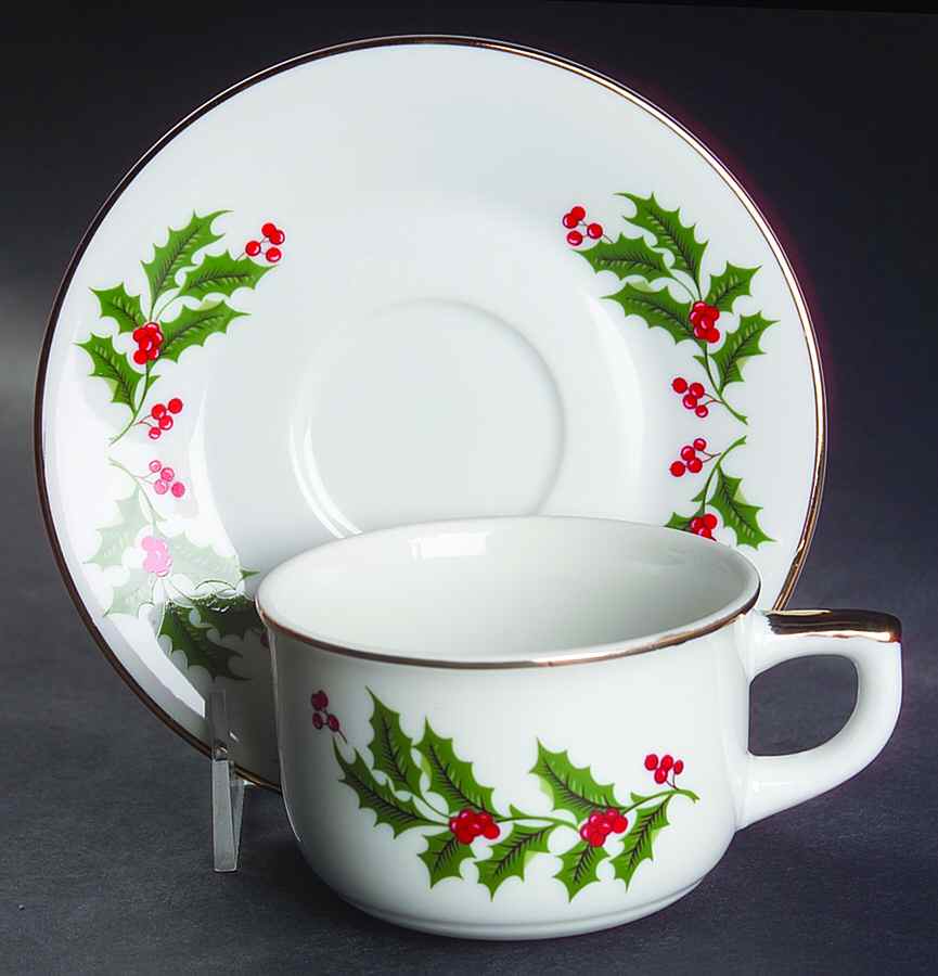 Christmas Holly (Porcelain) Flat Cup & Saucer Set by All the Trimmings-1