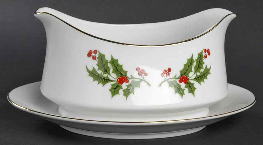Christmas Holly (Porcelain) Gravy Boat with Attached Underplate by All the Trimmings-1