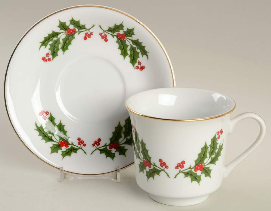 Christmas Holly (Porcelain) Footed Cup & Saucer Set by All the Trimmings-1