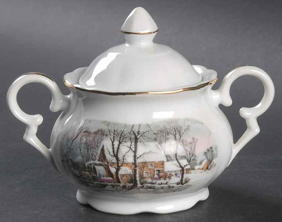Currier & Ives (Scalloped) Sugar Bowl & Lid by Avon-1
