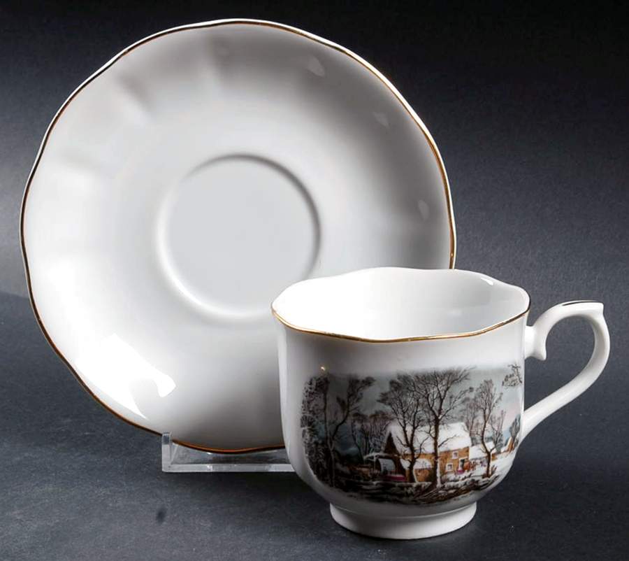 Currier & Ives (Scalloped) Flat Cup & Saucer Set by Avon-1