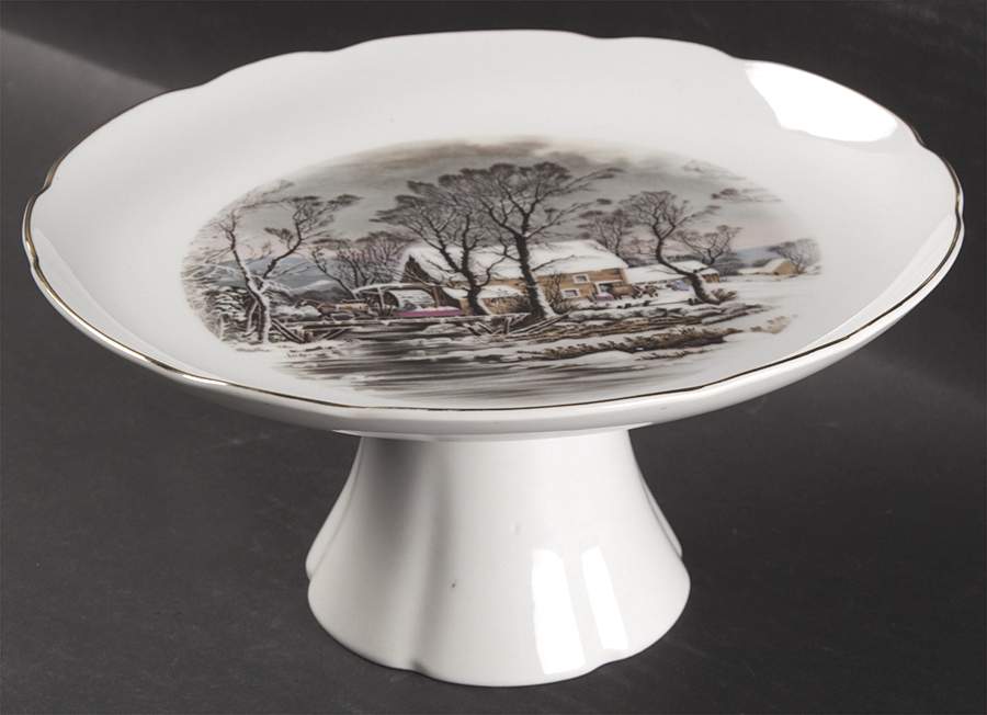 Currier & Ives (Scalloped) 9" Diameter Pedestal Cake Stand by Avon-1
