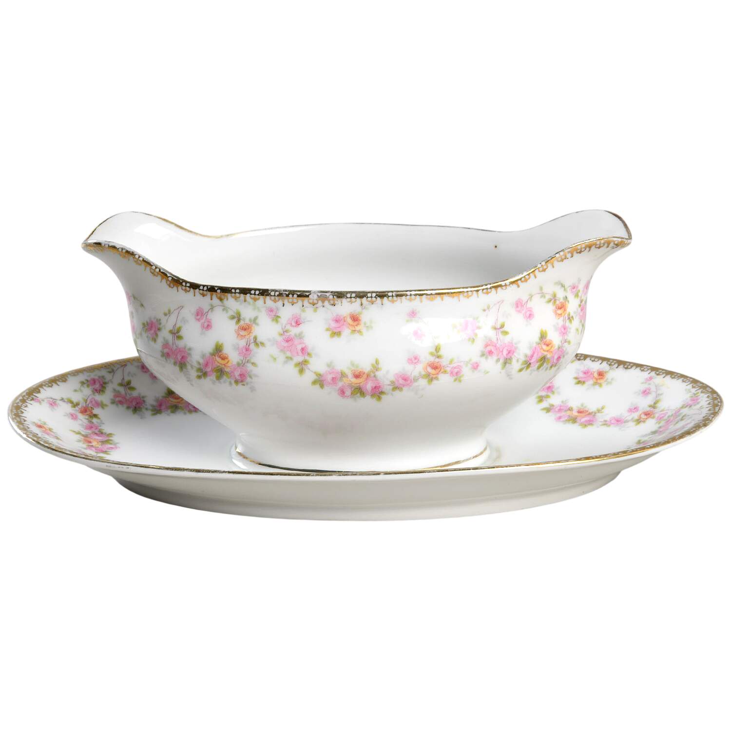 Bridal Rose (Smooth, Gold Edge) Gravy Boat with Attached Underplate by Altrohlau-1