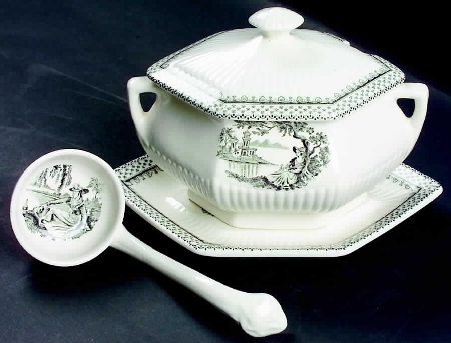 Minuet Black (Older, Wm  Adams Bcskstmp) Sauce Boat & Lid & Underplate & Ladle by Adams China-1
