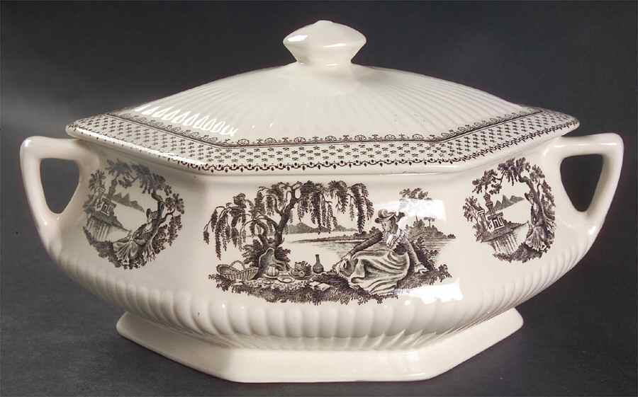 Minuet Black (Older, Wm  Adams Bcskstmp) Oval Covered Vegetable by Adams China-1