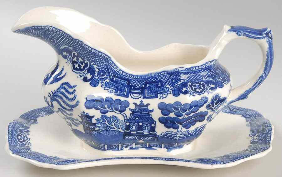 Willow Blue (Scalloped) Gravy Boat with Attached Underplate by Allerton's-1