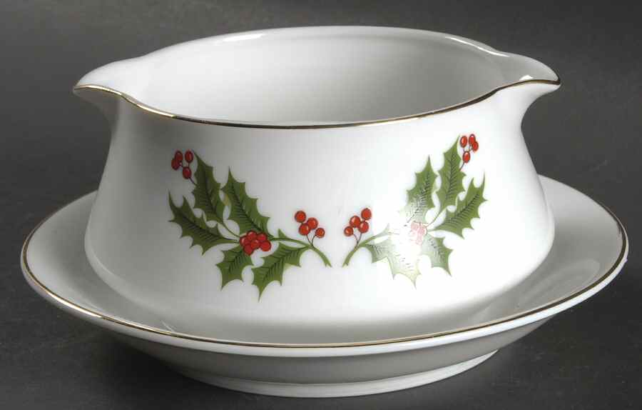 Christmas Holly (Porcelain) Round Gravy Boat/Attached Underplate by All the Trimmings-1