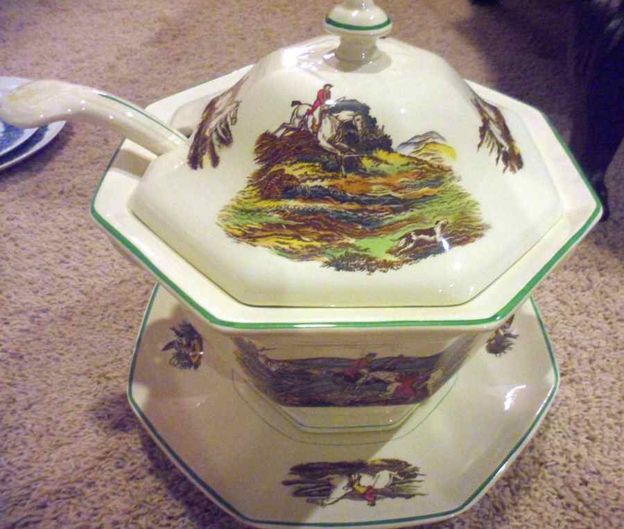 Sporting Scenes Sauce Boat & Lid & Underplate & Ladle by Adams China-1
