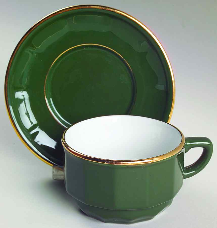 Green and Gold Bistroware Flat Cup & Saucer Set by Apilco-1