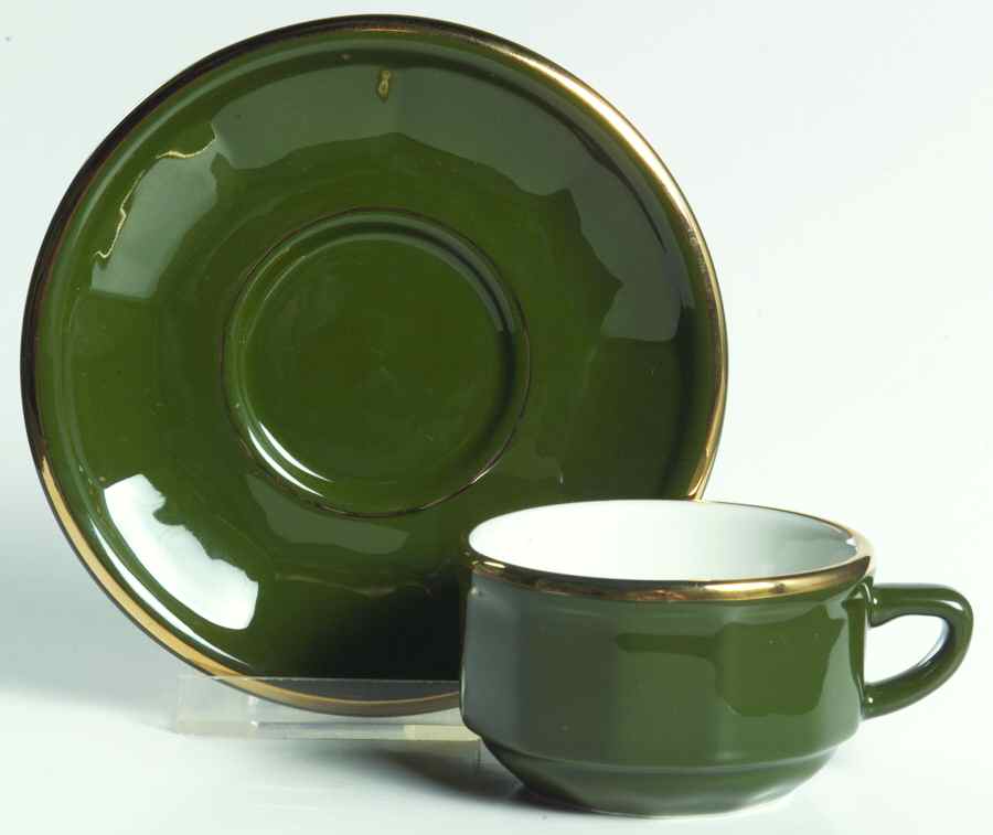 Green and Gold Bistroware Flat Demitasse Cup & Saucer Set by Apilco-1