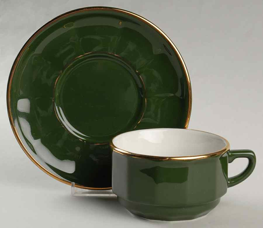 Green and Gold Bistroware Flat Cup & Saucer Set by Apilco-1