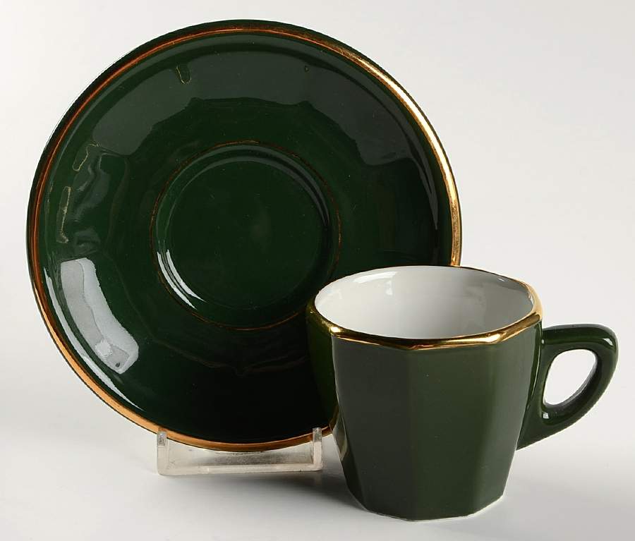 Green and Gold Bistroware Flat Demitasse Cup & Saucer Set by Apilco-1