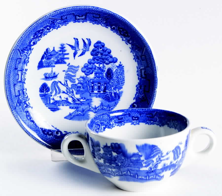 Willow Blue Flat Bouillon Cup & Saucer by Albert Pick Co-1