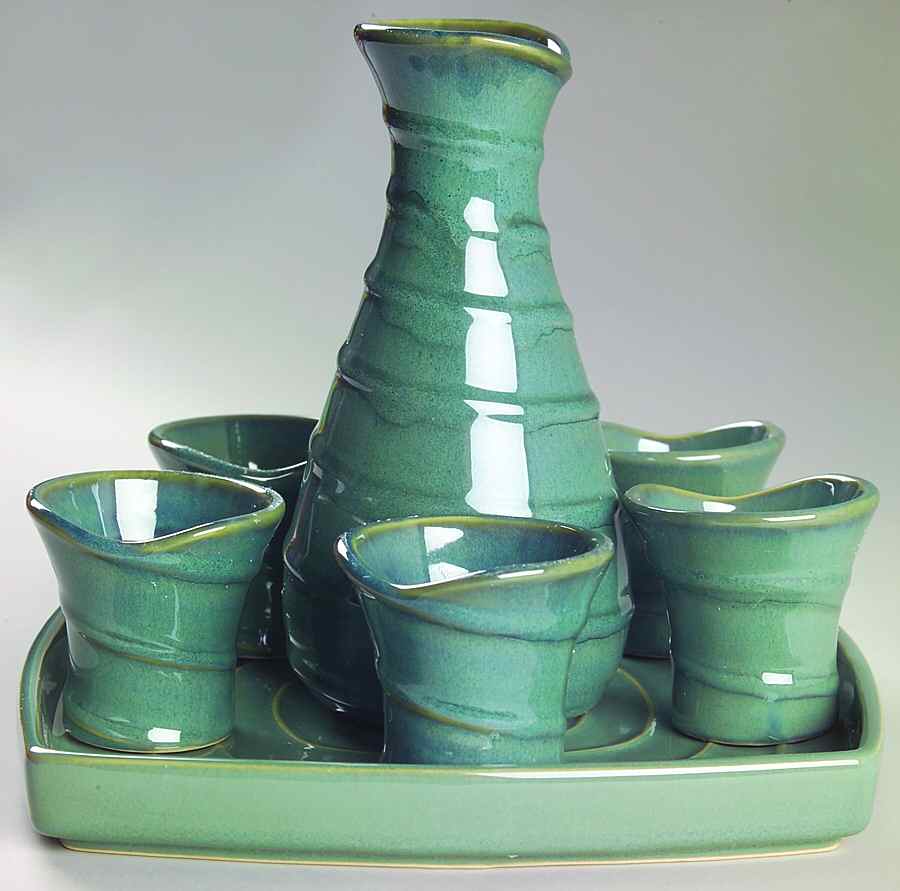 Synergy Green (7 Piece) Sake Set (Bottle, 5 Cup, Tray) by American Atelier-1