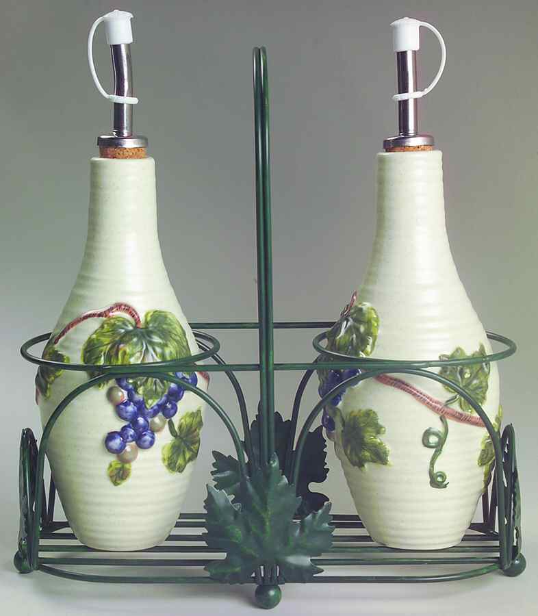 Grapevine Putty 2 Oil/Vinegars Jars-Drizzle Spouts in Metal Holder by 222 Fifth (PTS)-1