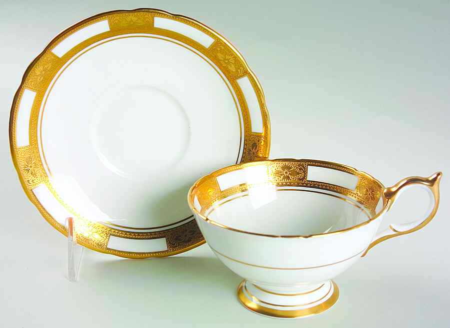 Empress White (Gold Encrusted, Smooth Or Scalloped) Footed Cup & Saucer Set by John  Aynsley & Sons-1