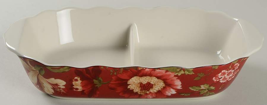 Summer Botanical Lutece Fleur Rouge 11" Oval Divided Vegetable Bowl by 222 Fifth (PTS)-1