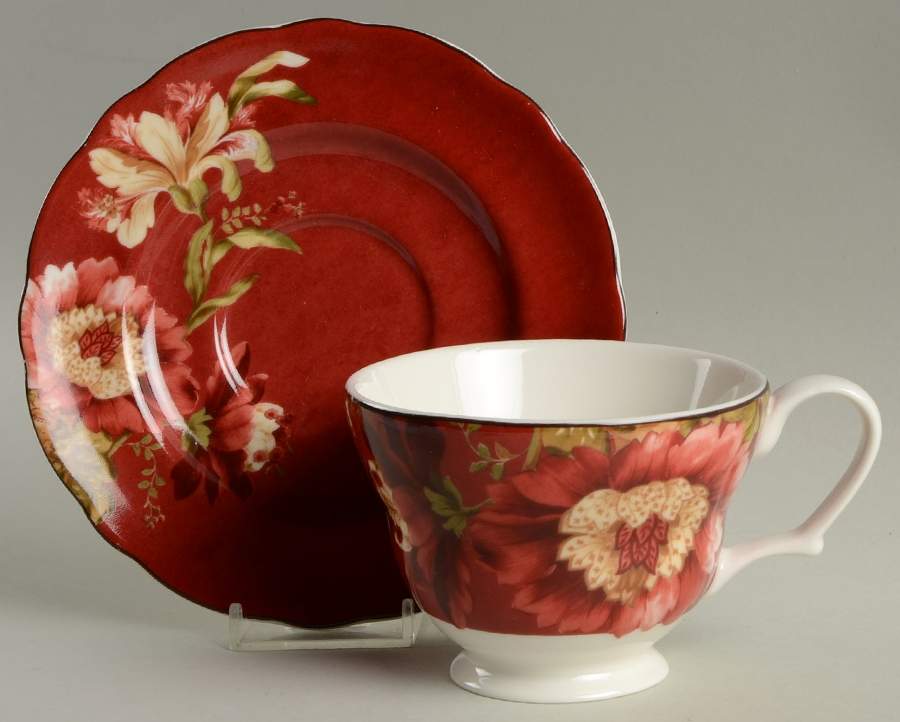 Summer Botanical Lutece Fleur Rouge Footed Cup & Saucer Set by 222 Fifth (PTS)-1