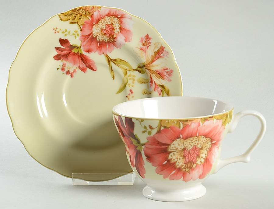 Summer Botanical Lutece Fleur Rouge Footed Cup & Saucer Set by 222 Fifth (PTS)-1
