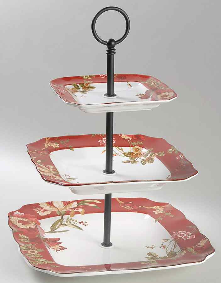 Summer Botanical Lutece Fleur Rouge 3 Tiered Tray (Square Dinner,Salad,Appetizer) by 222 Fifth (PTS)-1
