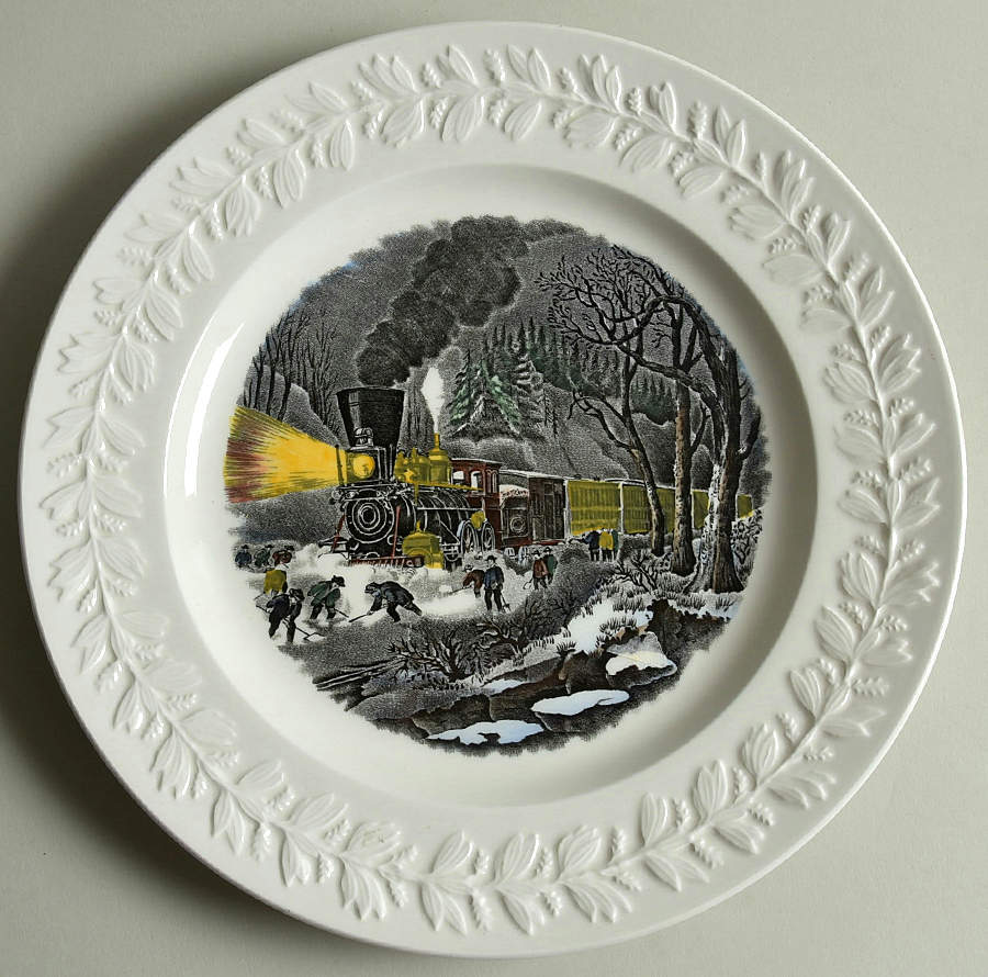 Currier & Ives (Raised Border, White Body) Dinner Plate by Adams China-1