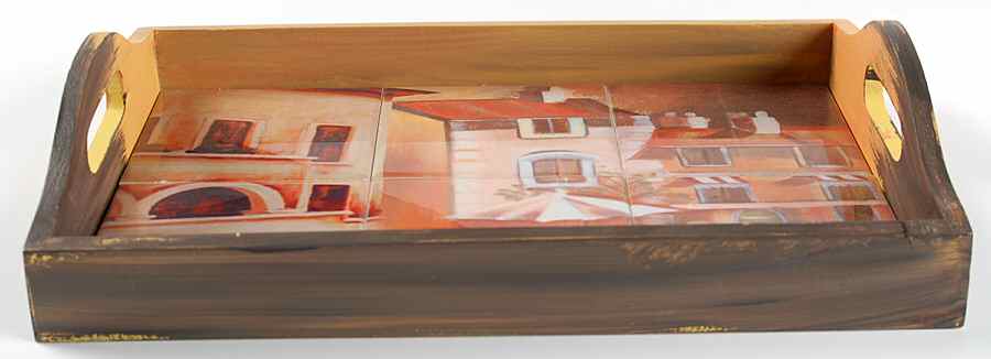 Versailles White Rectangular Wood Tray with Tile Insert by Ambiance-1