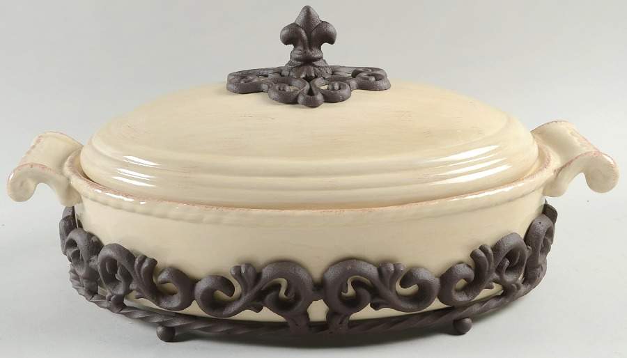 Tuscan Countryside Cream 3 Qt Covered Oval Casserole & Metal Stand by Artimino-1