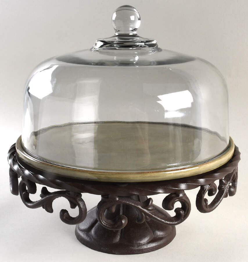 Tuscan Countryside Sage Green Metal Pedestal Cake Stand w/Cake Plate & Glass Dome by Artimino-1