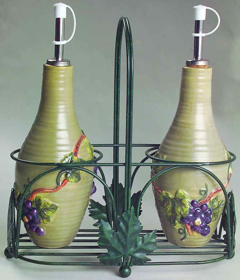 Grapevine Khaki 2 Oil/Vinegars Jars-Drizzle Spouts in Metal Holder by 222 Fifth (PTS)-1