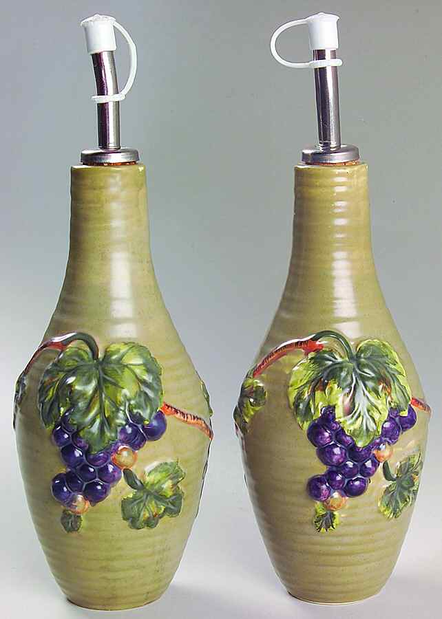 Grapevine Khaki Set of 2 Oil/Vinegar with Drizzle Spouts by 222 Fifth (PTS)-1