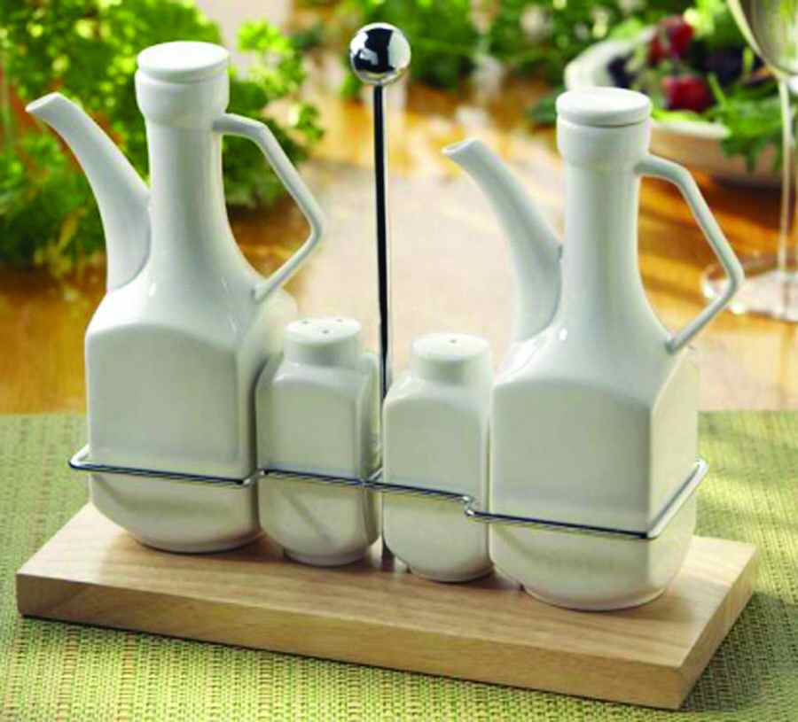 You're Invited Vinegar & Oil Drizzler Wsalt & Pepper on Wood Base by American Atelier-1