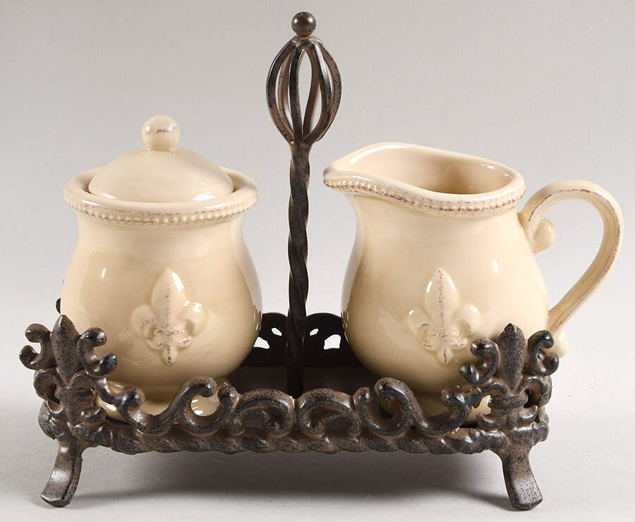 Fleur De Lis Cream Creamer & Sugar W/Metal Stand by Artimino-1