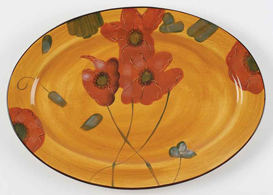 Fleur Rouge (Country French, Brown Trim) 16" Oval Serving Platter by Ambiance-1