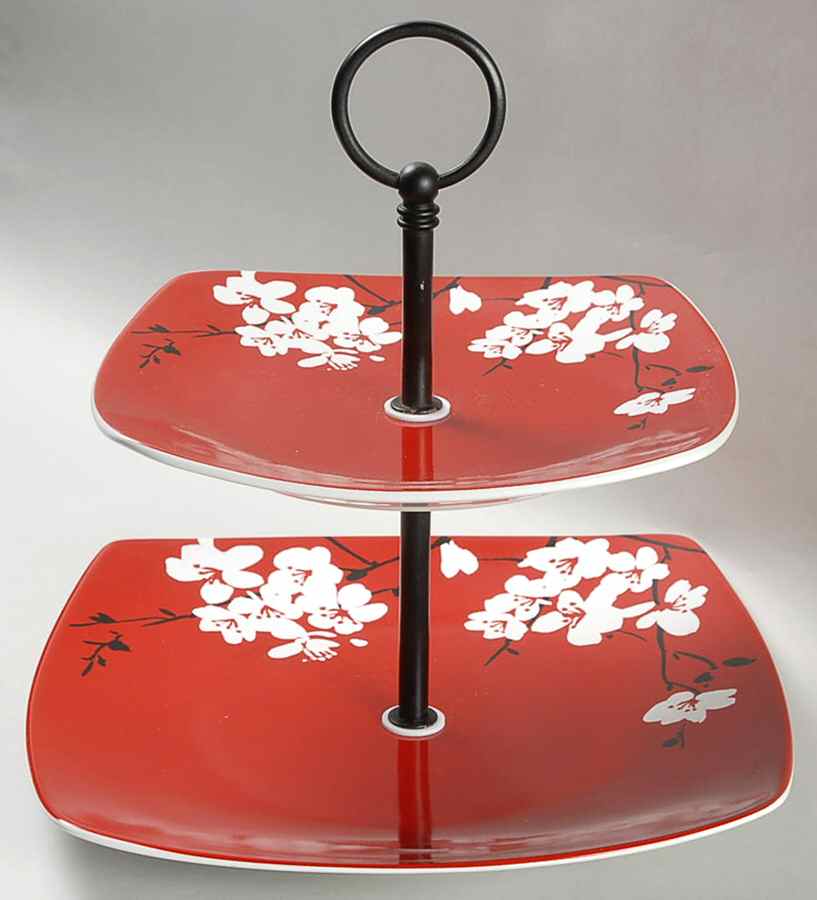Mia Blossoms Red (Soft Square) 2 Tiered Serving Tray (Dinner & Salad Plate) by 222 Fifth (PTS)-1