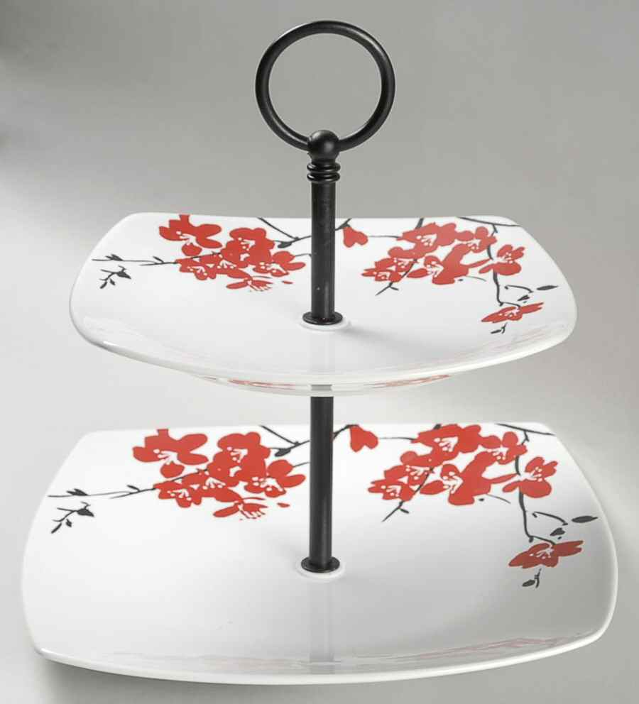 Mia Blossoms Red (Soft Square) 2 Tiered Serving Tray (Dinner & Salad Plate) by 222 Fifth (PTS)-1