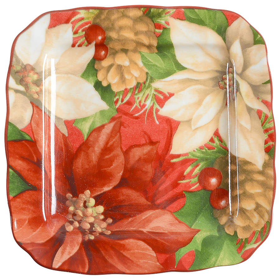 Poinsettia Holly Square Appetizer Plate by 222 Fifth (PTS)-1