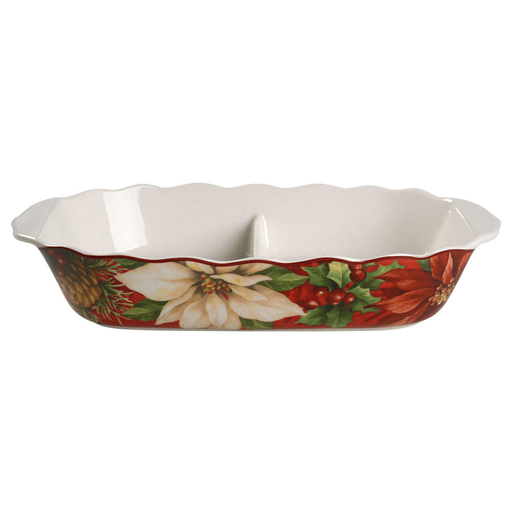 Poinsettia Holly 11" Oval Divided Vegetable Bowl by 222 Fifth (PTS)-1