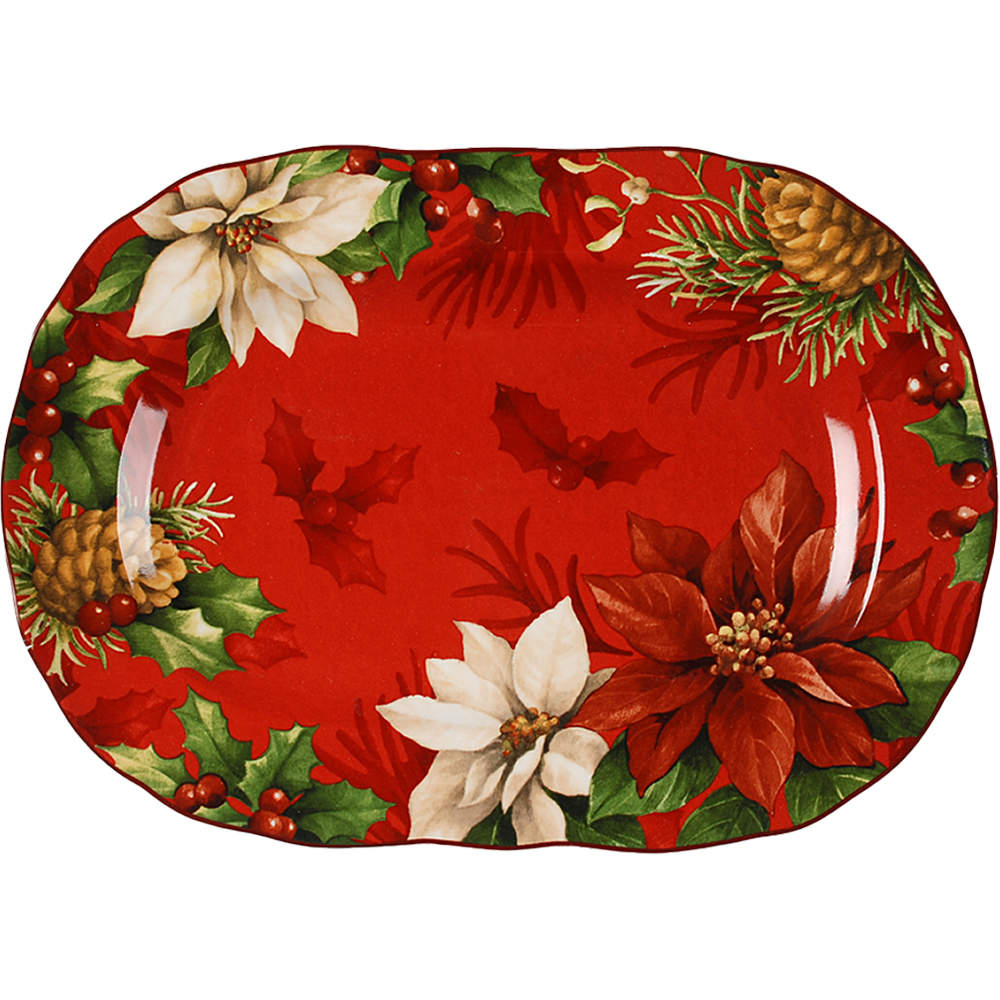 Poinsettia Holly 14" Oval Serving Platter by 222 Fifth (PTS)-1