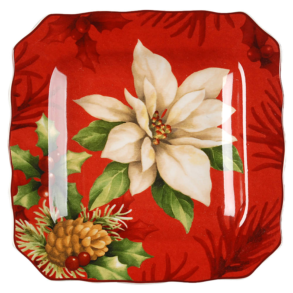 Poinsettia Holly Square Salad Plate by 222 Fifth (PTS)-1
