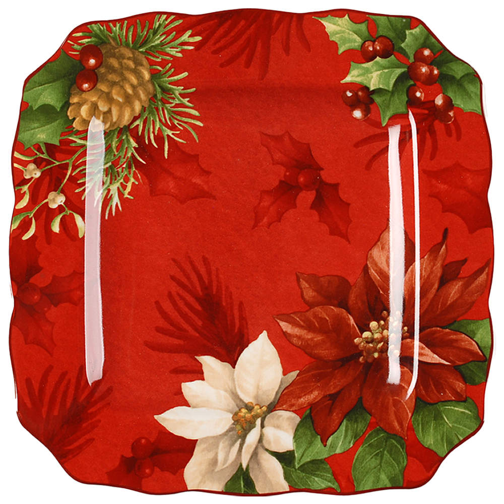 Poinsettia Holly Square Dinner Plate by 222 Fifth (PTS)-1