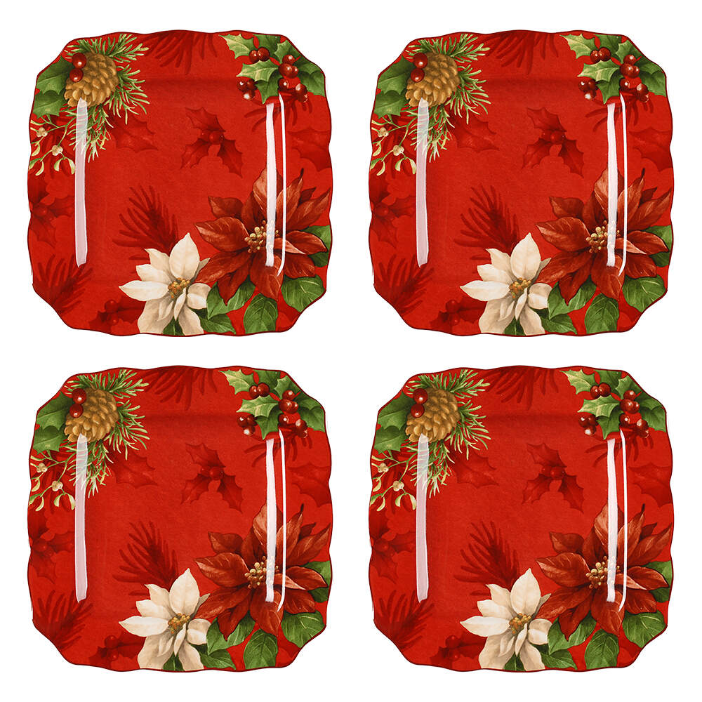 Poinsettia Holly Square Dinner Plate - Set of 4 by 222 Fifth (PTS)-1