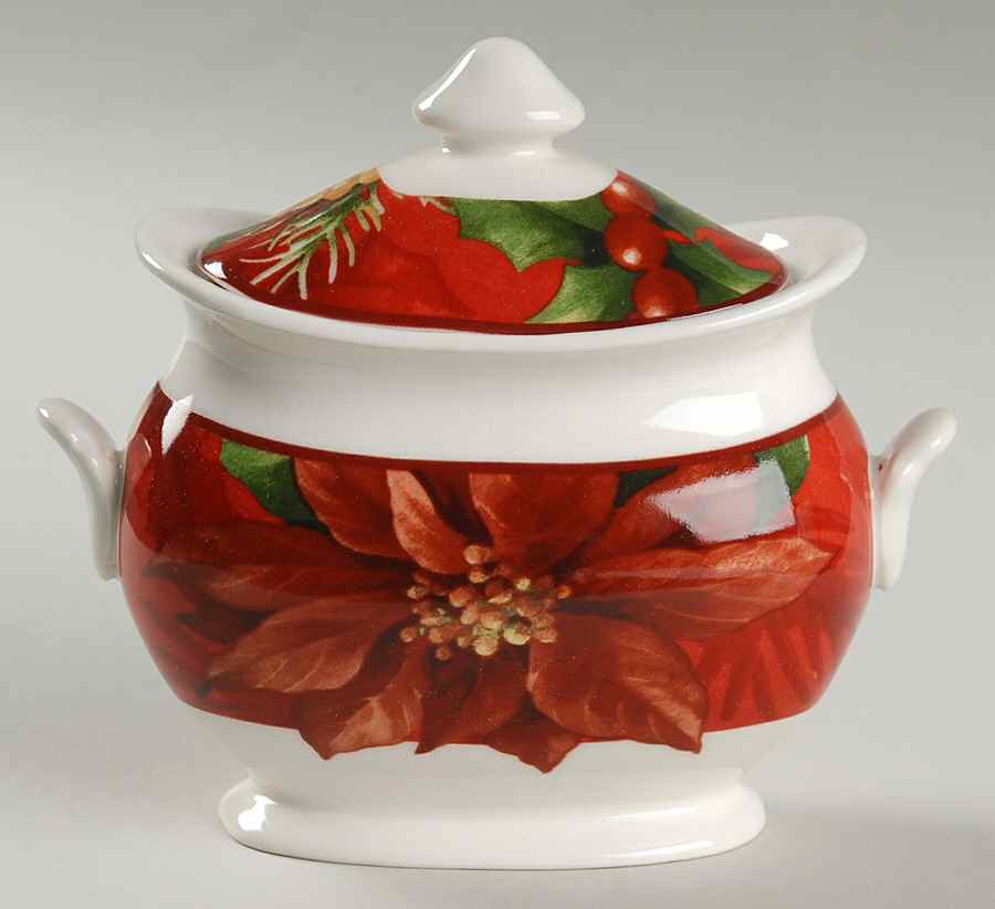 Poinsettia Holly Sugar Bowl & Lid by 222 Fifth (PTS)-1