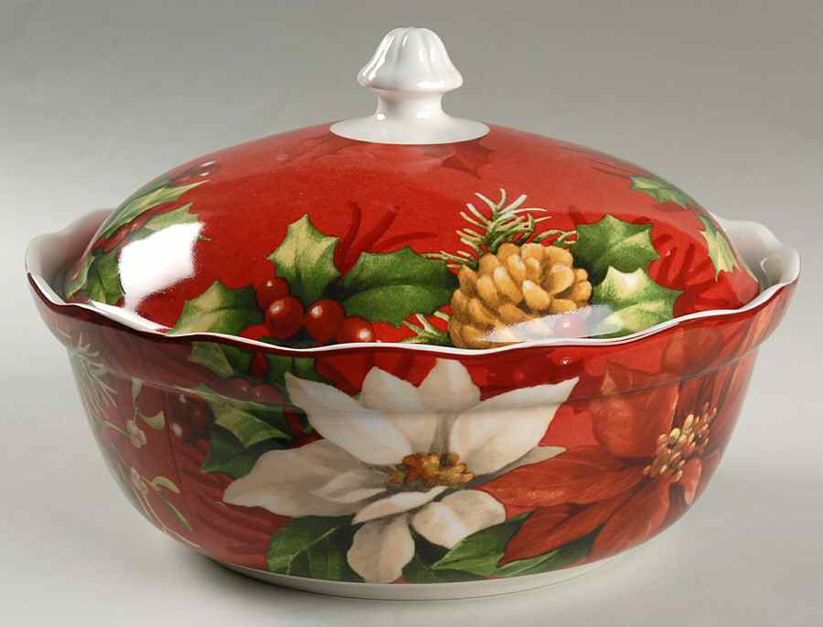 Poinsettia Holly Round Covered Vegetable by 222 Fifth (PTS)-1