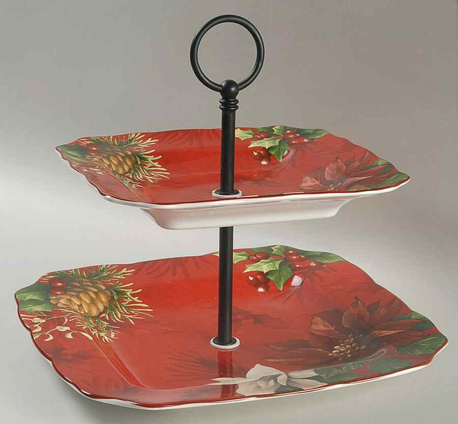 Poinsettia Holly 2 Tiered Serving Tray (Square Dinner&Salad Plate) by 222 Fifth (PTS)-1
