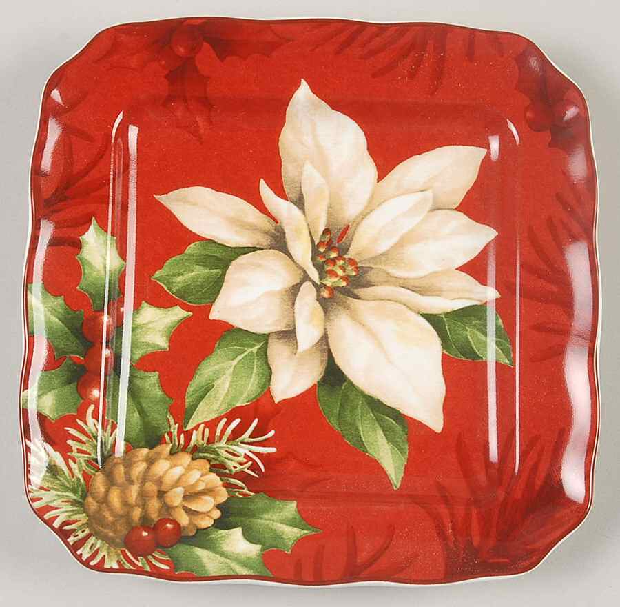Poinsettia Holly Square Appetizer Plate by 222 Fifth (PTS)-1