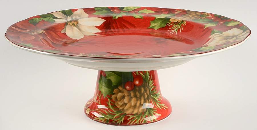 Poinsettia Holly 13" Diameter Pedestal Cake Stand by 222 Fifth (PTS)-1