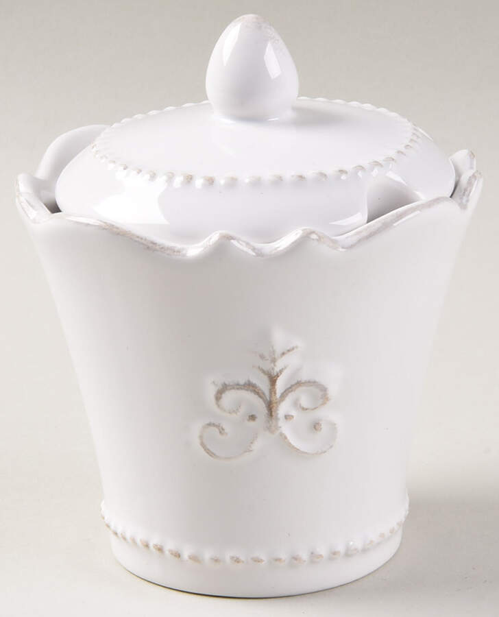Fleur de Lys White Sugar Bowl & Lid by Anthropologie-1