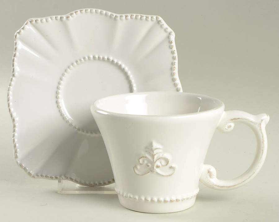 Fleur de Lys White Flat Cup & Saucer Set by Anthropologie-1